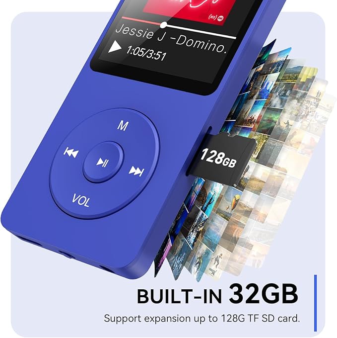 AGPTEK A02 MP3 Player with Bluetooth 5.3, 1.8 inch Screen Portable Music Player with Speaker, FM Radio, Voice Recorder, Supports Expanded Up to 128GB(Blue, 32GB)