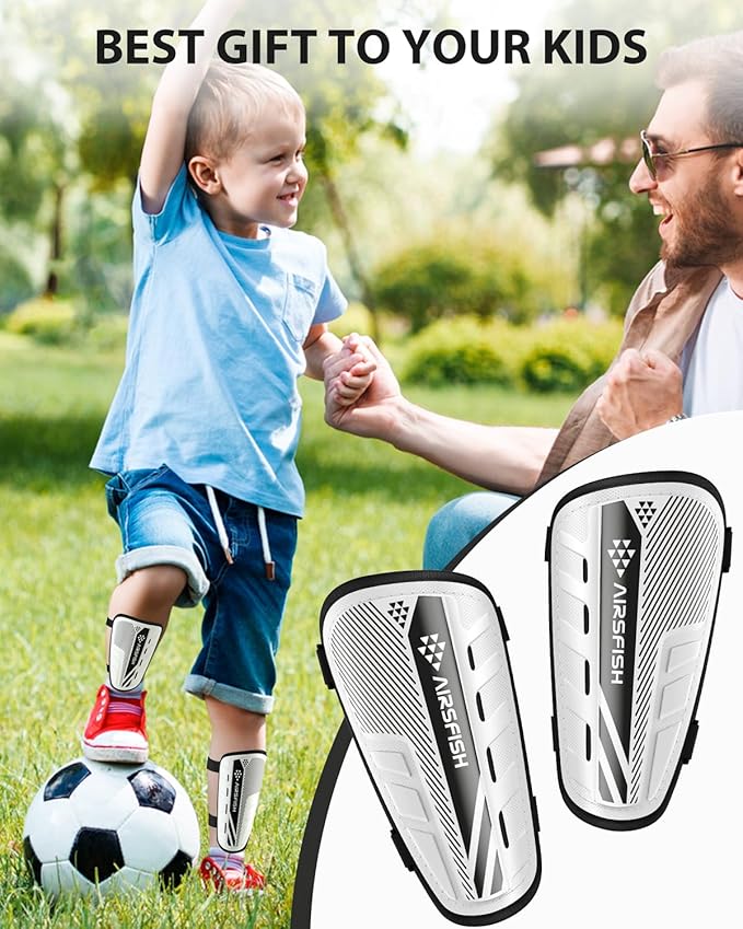 Shin Guards Soccer Kids Youth, CE Certified Airsfish Shin Guard Protection Gear for 2-18 Years Old Boys Girls Teenagers High Impact Resistant Breathable Comfortable 1 Pair 4 Sizes