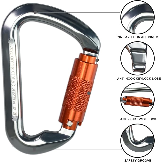 SEPEAK UIAA 30kN Climbing Carabiner Clips, Professional Heavy Duty Twist Locking Carabiners for Climbing,Mountaineering, Rappelling, Camping, Hiking, Swings, Large D Ring Hooks