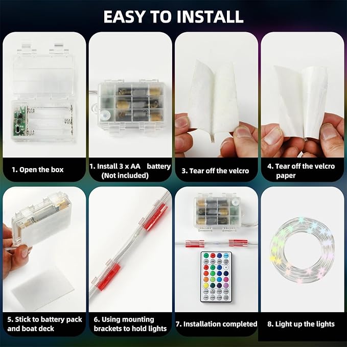 Kayak Paddle Board Lights Kit, IP68 Waterproof Dream Color SUP Glow Lights with Remote, Battery Powered Boat Light for Night Kayaking SUP Canoes, Marine Pontoon Boat Light (24FT)