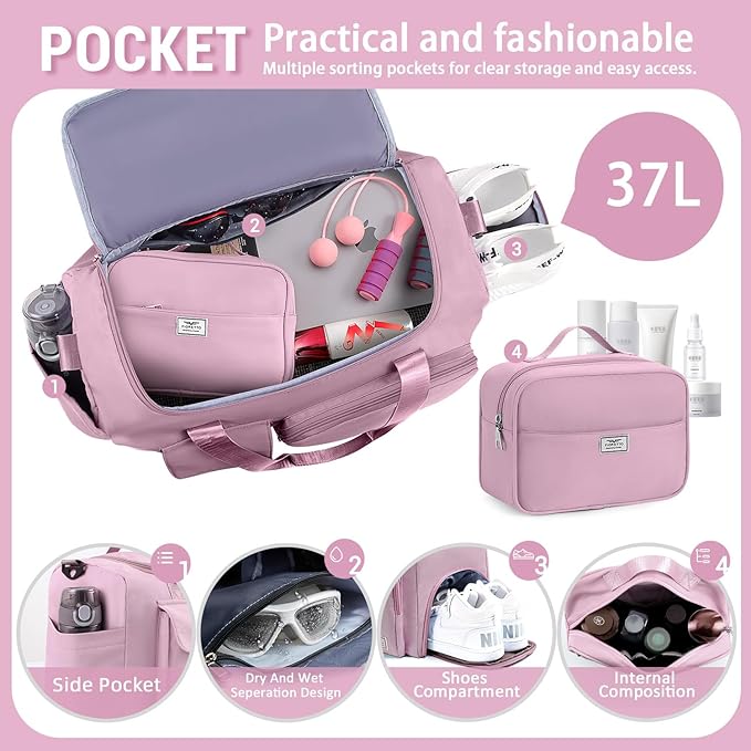 FIORETTO Women's Gym Duffle Bag with Shoes Compartment, 37L Capacity, Ideal for Travel, Gym, Sports, Duffel, Weekender