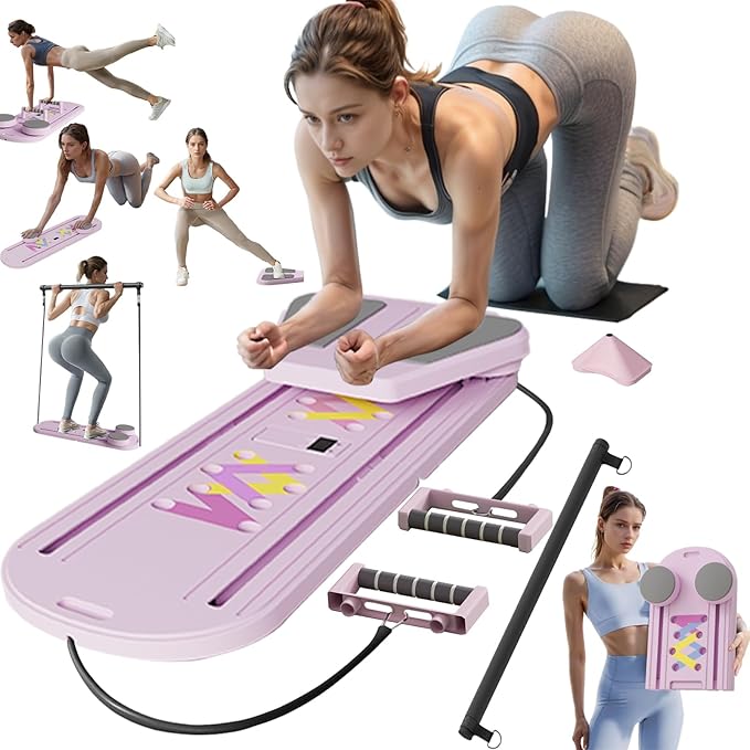 Pilates Reformer Board, 6 in 1 Portable & Foldable Pilates Reformer Set with Resistance Bands, Pilates Board for Home Workout, Multifunctional Abdominal Board
