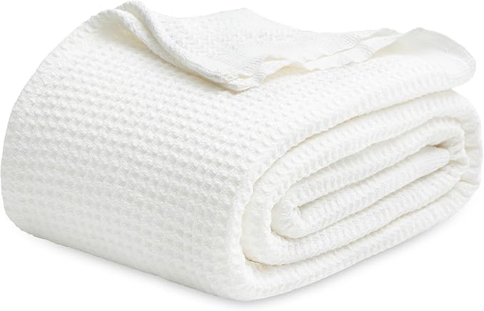 Bedsure 100% Cotton Blanket King Size for Bed - Breathable and Soft, Waffle Weave Blanket for Summer, Thick Cozy Fall Blankets for Women Gift, White, 104x90 inches