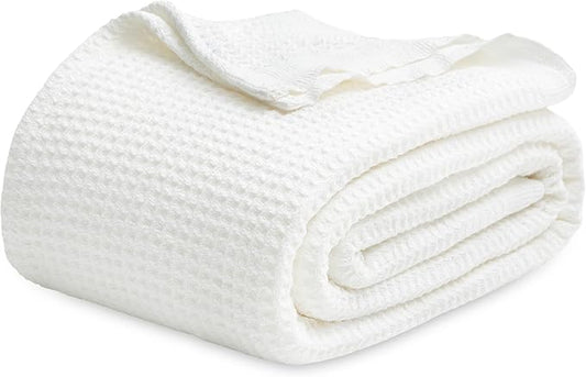 Bedsure 100% Cotton Blanket King Size for Bed - Breathable and Soft, Waffle Weave Blanket for Summer, Thick Cozy Fall Blankets for Women Gift, White, 104x90 inches