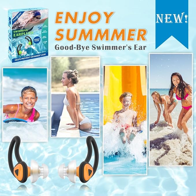Hearprotek Ear Plugs for Swimming, [2 Pairs] Swim Ear Plugs Adults-Waterproof Silicone Water earplugs for Men Women Juniors Swimmers Pool Shower Bathing (Orange)