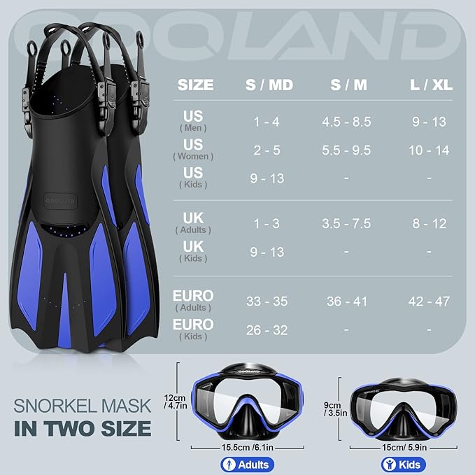 Odoland Kids Snorkeling Packages Snorkel Set, Dry Top Snorkel Mask with Adjustable Swim Fins for Boys and Girls Age 7-14