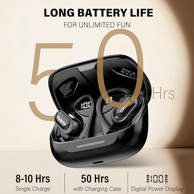 Open Ear Headphones, Bluetooth 5.4 Headphones Sports, Premium Sound with HD Mic Wireless Earbuds, 48H Playtime LED Power Display Ear Buds, IPX7 Lightweight Comfort Earphones for Running, Working