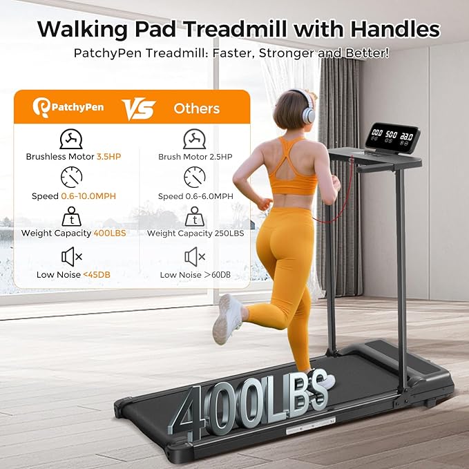 Folding Walking Pad Treadmill with Handle Bar, 3.5HP Compact Portable Foldable Walking Pads Treadmill with Handles, Electric Small Treadmills for Home Office Apartment, LED Display, 400 LBS Capacity