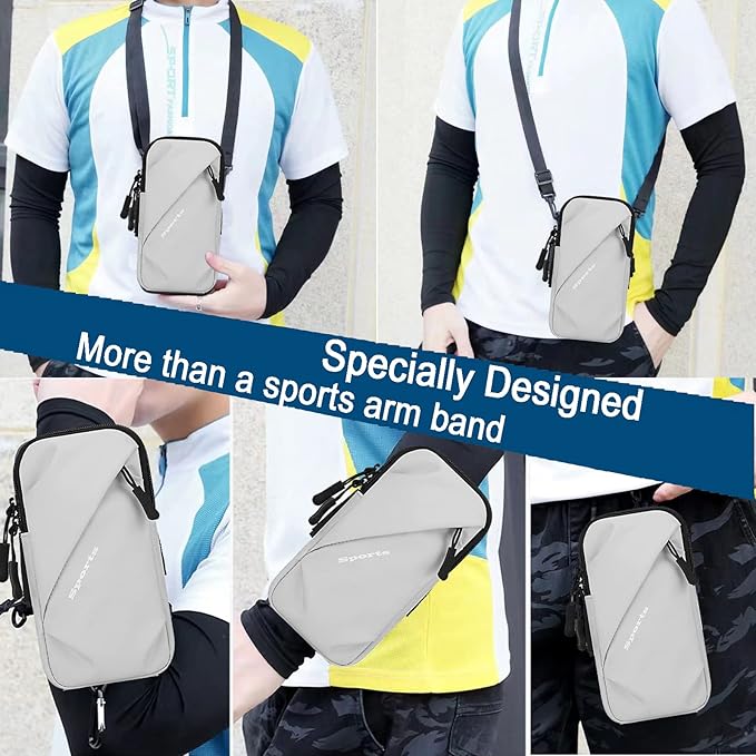 Phone Holder Arm Bands, Small Crossbody Shoulder Holsters Bag with Arm Band, Fits iPhone and All Cell Phones, Use for Running, Walking, Hiking & Biking (Plus Size,Grayish White)
