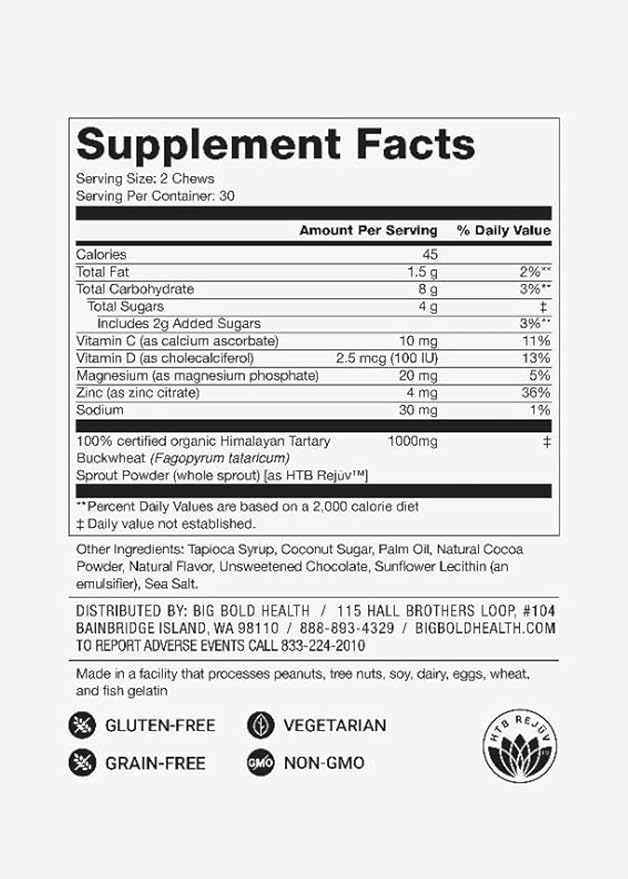 BIG BOLD HEALTH HTB Immune Energy Chews, Organic Sprouted Buckwheat with Vitamin D, Vitamin C, Zinc and Magnesium. Flavored with Delicious Real Cocoa Powder.
