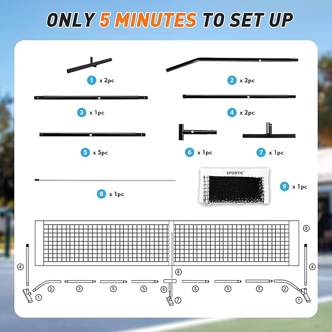 SPORTIC 22FT Pickleball Net Set – Regulation Size Portable Net with Carry Bag, Court Markers, Quick Setup Steel Frame for Driveway, Backyard, Indoor & Outdoor