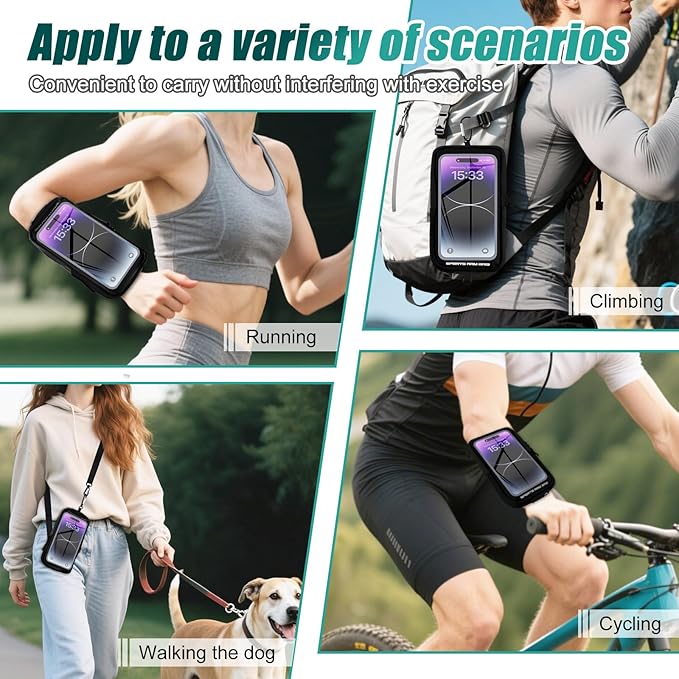 Phone Holder for Running, Running Armband Phone Holder with Carabiner, Phone Armbands for iPhone 16 15 14 13 12 11Pro Max & Galaxy S25/S24/S23, Cell Phone Armband Up to 6.8'' Phone (Black)