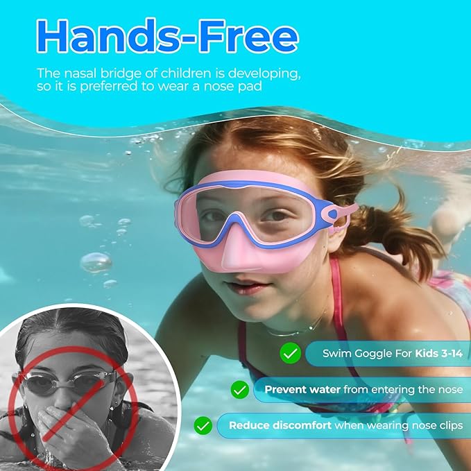 Swim Goggles for Kids 3-15 with Earplugs Large Frame Anti-Fog/UV Swimming Goggles for Boys Girls Toddler 2PCS