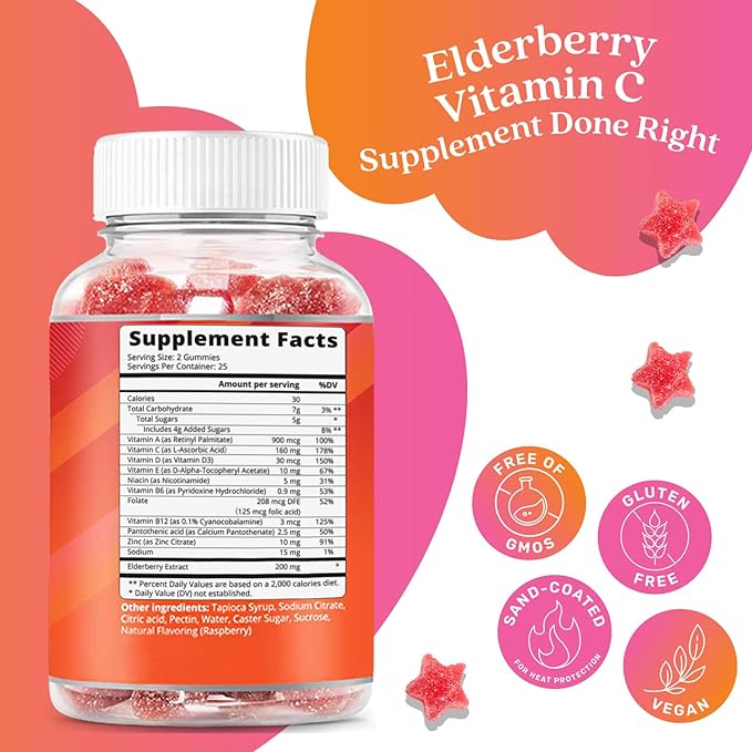 BeLive Elderberry Gummies with Zinc and Vitamin C, D, A, E, B12-50 Ct I Immune Support Supplement for Healthy Bones & Teeth, Vegan, Keto & Non-GMO - Raspberry Flavor