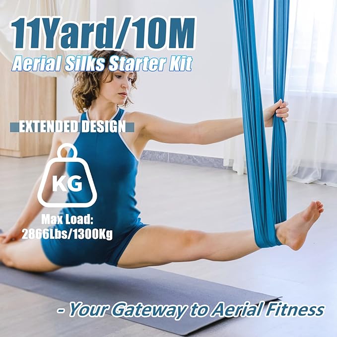 Aerial Silks Kit & Aerial Yoga Hammock - 11Yd Premium Fabric Hardware - Easy Setup for Flying Yoga, Aerial Swing & Fitness - Supports Up to 14ft Rigging