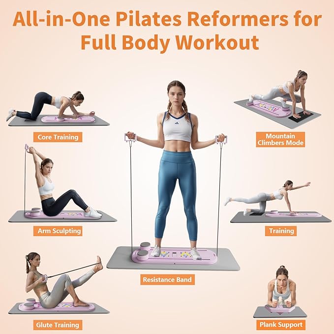 Pilates Reformer Board, 6 in 1 Portable & Foldable Pilates Reformer Set with Resistance Bands, Pilates Board for Home Workout, Multifunctional Abdominal Board