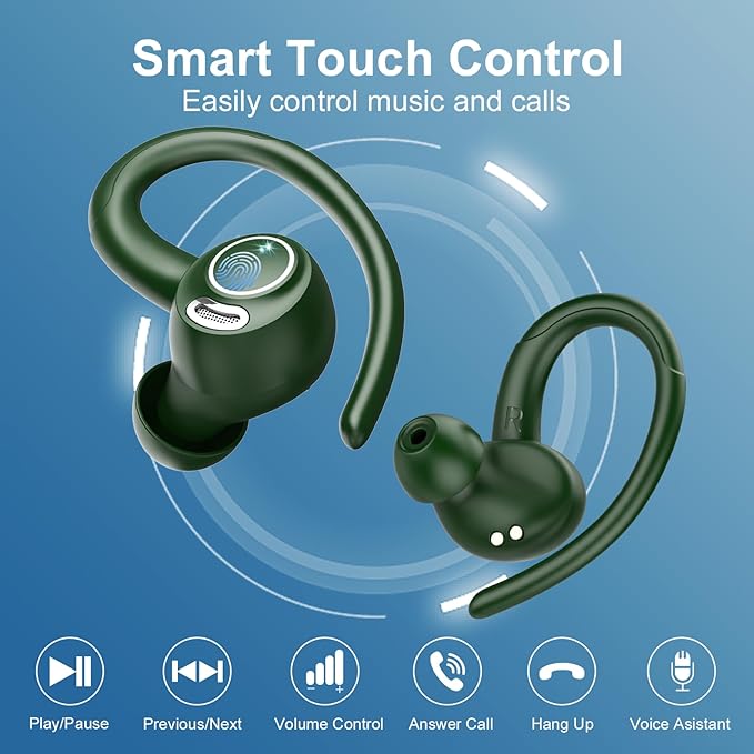 Wireless Earbuds Bluetooth 5.3 Headphones Sports, 48Hrs Playtime Bluetooth Earbuds with CVC 8.0 Mic, Stereo Bass Over Ear Bud with Earhooks, LED Display, IP7 Waterproof Earphon for Running Green