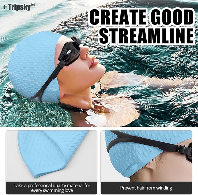 Tripsky Silicone Swim Cap,Comfortable Bathing Cap Ideal for Curly Short Medium Long Hair, Swimming Cap for Women and Men, Shower Caps Keep Hairstyle Unchanged…