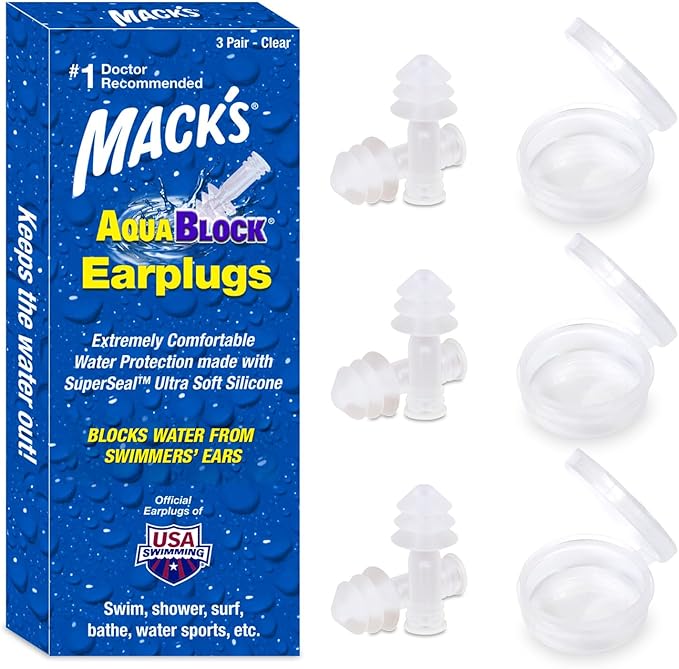 Mack's AquaBlock Swimming Earplugs, 3 Pair - Comfortable, Waterproof, Reusable Silicone Ear Plugs for Swimming, Snorkeling, Showering, Surfing and Bathing (Clear)