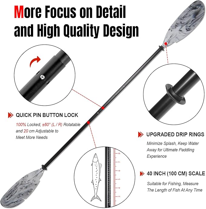 Angler Kayak Paddles Aluminum Paddle with Plastic Blades and Paddle Leash, Floating Adjustable Fishing Kayak Oars, 3 Piece, 230-250cm/90-98 inch