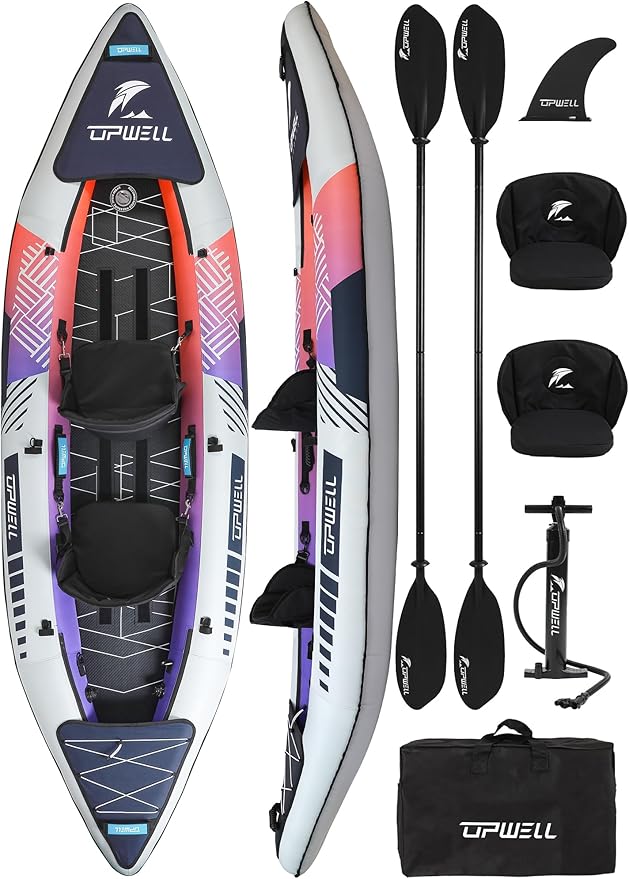 UPWELL 11'/14'6”Inflatable Kayak with Drop Stitch Floor and Accessories Including Kayak Seat with Thickened Cushion, Paddle, Fin, Repair Kits, Carry Bag and Hand Pump