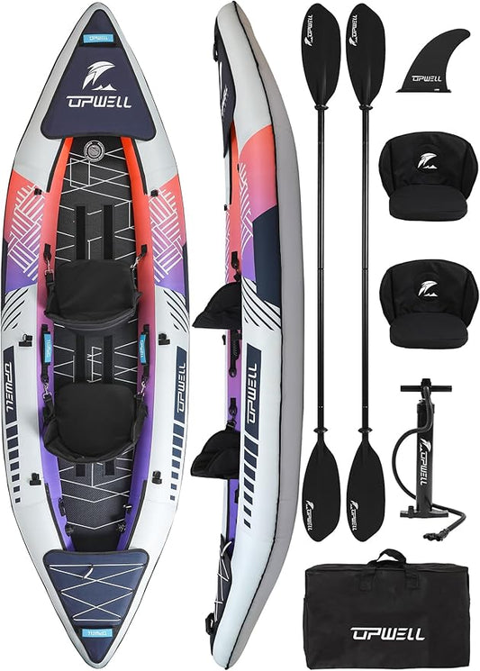 UPWELL 11'/14'6”Inflatable Kayak with Drop Stitch Floor and Accessories Including Kayak Seat with Thickened Cushion, Paddle, Fin, Repair Kits, Carry Bag and Hand Pump
