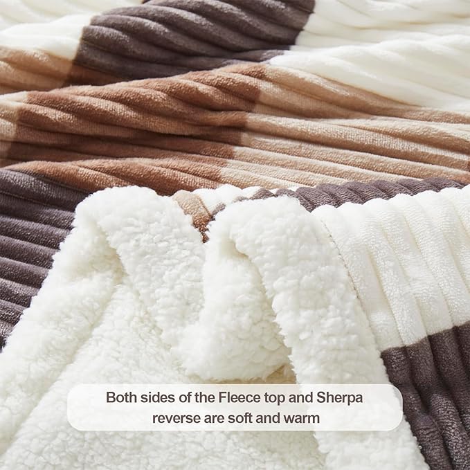 PU MEI Sherpa Blanket Full/Queen Plaid Thick Bed Blanket, 90”*80” Super Soft Flannel Fuzzy Fleece Reversible Velvet Plush Warm Blanket for Couch(Beige Check, 80"*90")