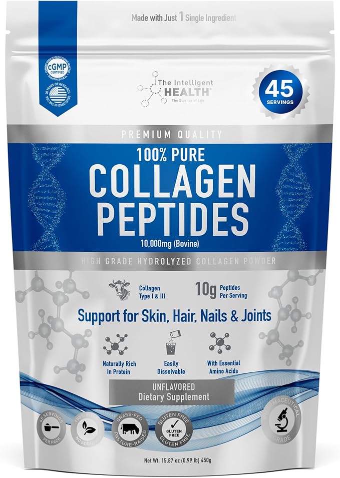 The Intelligent Health Collagen Peptides Powder, 45 Servings, Hydrolyzed Collagen, Type I & III, Grass Fed, Unflavored, Gluten Free, Keto/Paleo, 10g Servings, 15.9 Oz, Skin Support, Hair, Nail, Joints