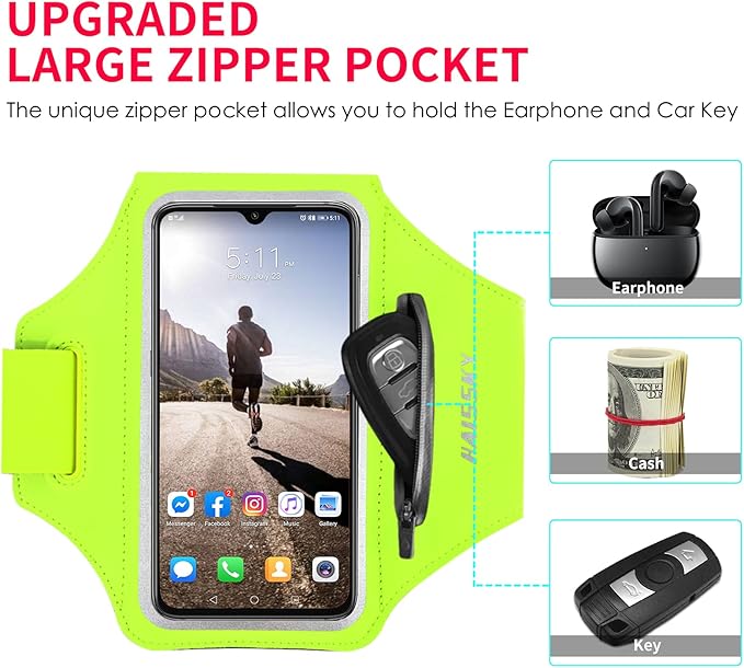 Running Armband with Earphone Bag Cell Phone Armband for iPhone 16 15 Pro 14 Plus 13 11 XR XS, Galaxy S24/S10 Water Resistant Sports Phone Holder Case & Zipper Slot Car Key Holder for 6.7 inch Phone