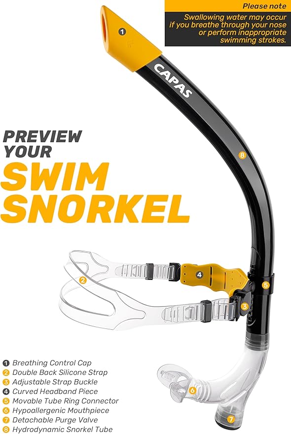 CAPAS Training Swim Snorkel for Lap Swimming, Swivel Headband Ultimate Fit Center-Mount Swimmers Snorkel with Liquid Silicone Mouthpiece Adjustable Strap, Designed for Adult Men Women