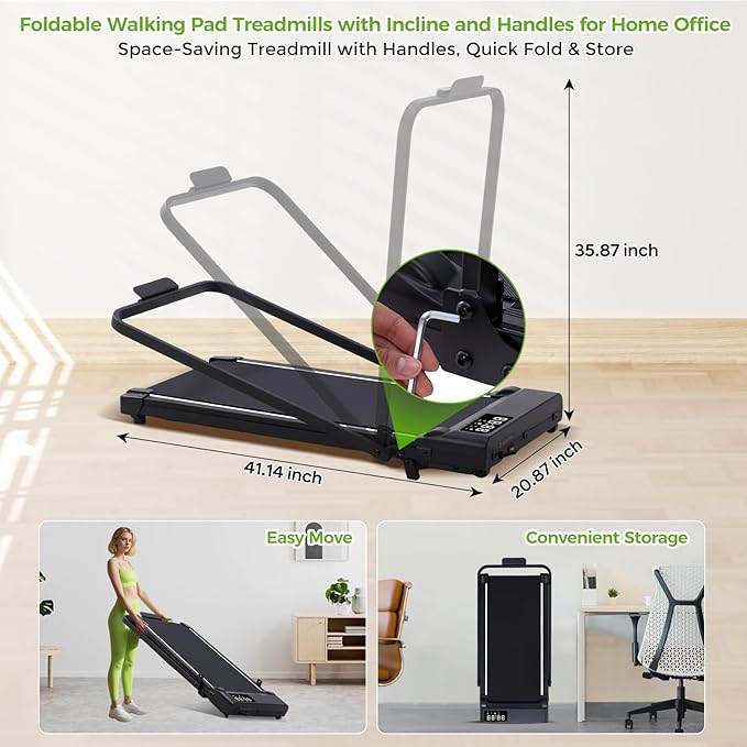 Walking Pad with Incline and Handle Bar, 3.0HP Portable Electric Walking Pads Treadmill with Handles for Home Small Spaces, 0.6-6.2 MPH Compact Small Under The Desk Treadmills Home, 320LBS Capacity
