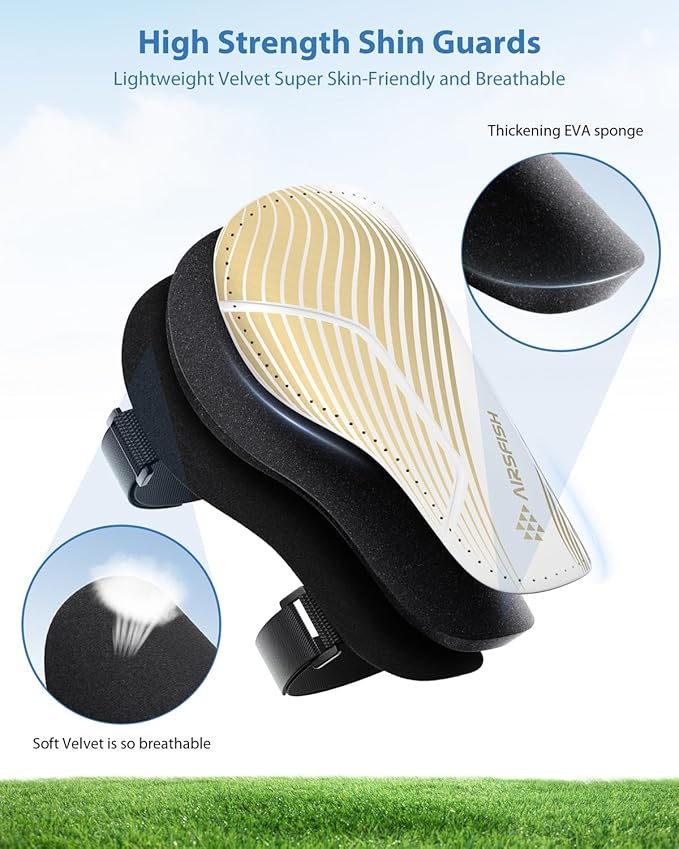 Shin Guards Soccer Kids Youth, CE Certified Airsfish Shin Guard Protection Gear for 2-18 Years Old Boys Girls Teenagers High Impact Resistant Breathable Comfortable 1 Pair 4 Sizes