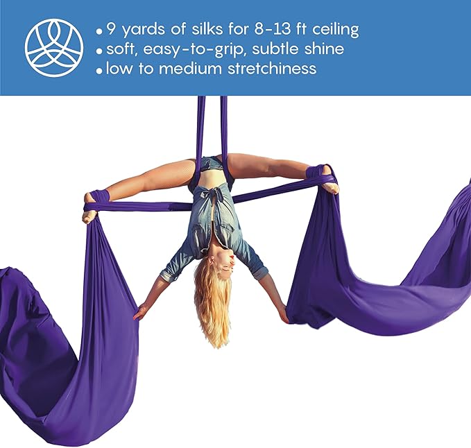Aerial Silks Starter Kit - Durable 9 Yards of Aerial Yoga Hammock with Hardware & Guide - Aerial Swing for Acrobatic Flying Yoga & All Levels (Aerial Rigging Point Up to 13ft)