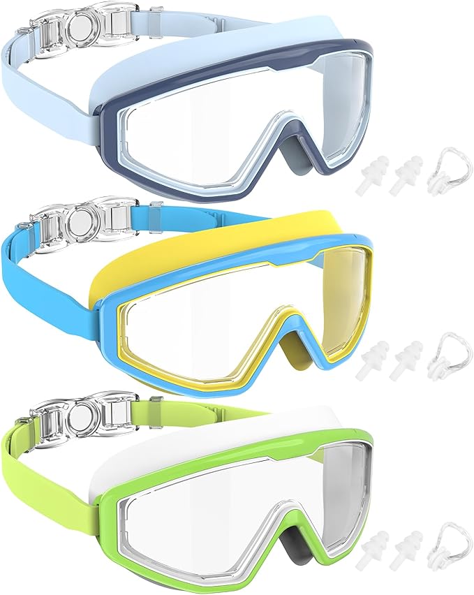 NSSIW Swim Goggles Swimming Kids-Goggles: Anti Fog No Leak with Nose Clip Earplugs for Girls Boys Youth 6-14 3 Pack