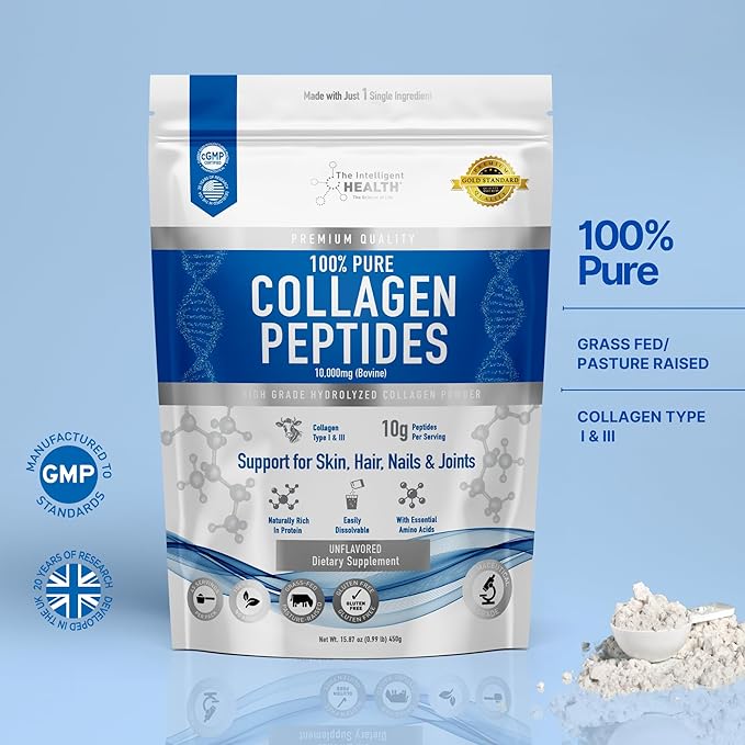 The Intelligent Health Collagen Peptides Powder, 45 Servings, Hydrolyzed Collagen, Type I & III, Grass Fed, Unflavored, Gluten Free, Keto/Paleo, 10g Servings, 15.9 Oz, Skin Support, Hair, Nail, Joints