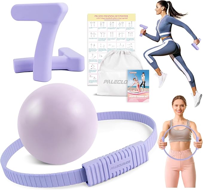 Pilates Ring Set, Pilates Essential Kit with Pilates Ring and Ball, 2.2lb *2 Ergonomic 7-Shaped Dumbbells, Portable Bag & Training Poster, at Home Workouts Pilates Sets for Women