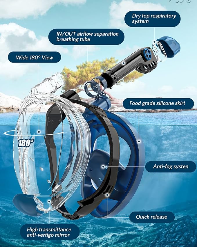 QingSong Full Face Snorkel Mask for Adults, Snorkeling Gear with Camera Mount, 180 Degree Panoramic View Snorkel Set Anti-Fog Anti-Leak
