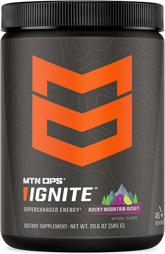 MTN OPS Ignite Energy Drink Powder, Gluten Free Nootropic Supplement Drink Mix, L Arginine, L Citrulline, Caffeine & Nootropic Sugar Free Drink Mix, 45 Servings, Rocky Mountain Rickey