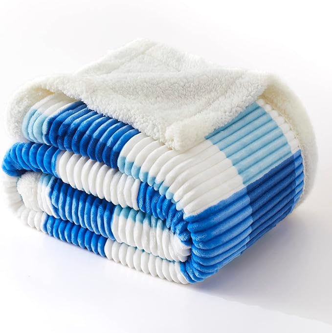 PU MEI Sherpa Blanket Twin Plaid Thick Bed Blanket, 60”*80” Super Soft Flannel Fuzzy Fleece Reversible Velvet Plush Warm Blanket for Couch (Blue Check, 60"*80")
