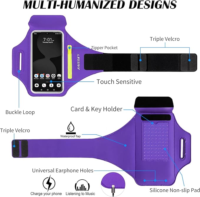 Running Armband with Earphone Bag Cell Phone Armband for iPhone 16 15 Pro 14 Plus 13 11 XR XS, Galaxy S24/S10 Water Resistant Sports Phone Holder Case & Zipper Slot Car Key Holder for 6.7 inch Phone