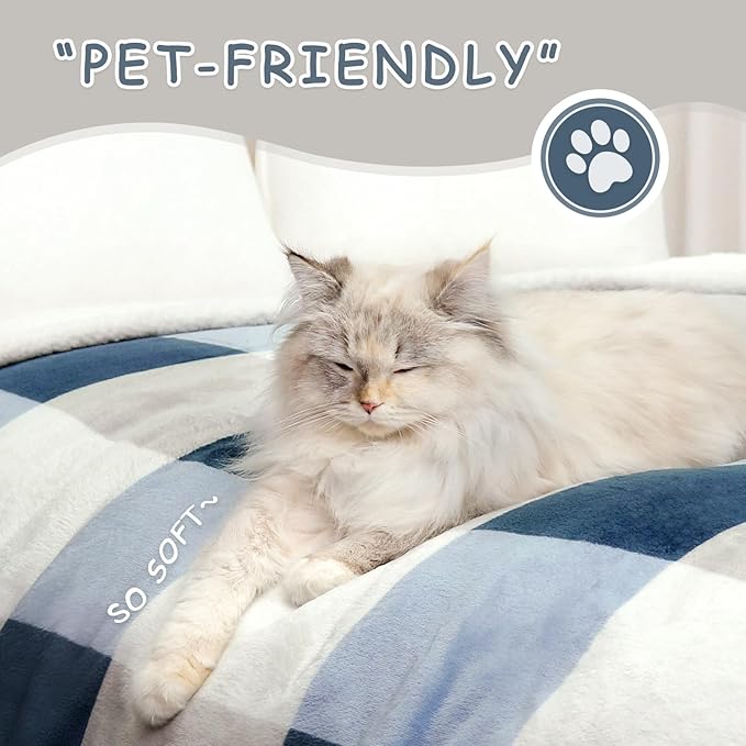 PU MEI Sherpa Fleece Throw Blanket 60" x 80" Reversible Plush Fluffy Large Big Blanket Lattice Flannel Blankets for Sofa Couch Bed (Grey-Soft Blue, 60"*80")