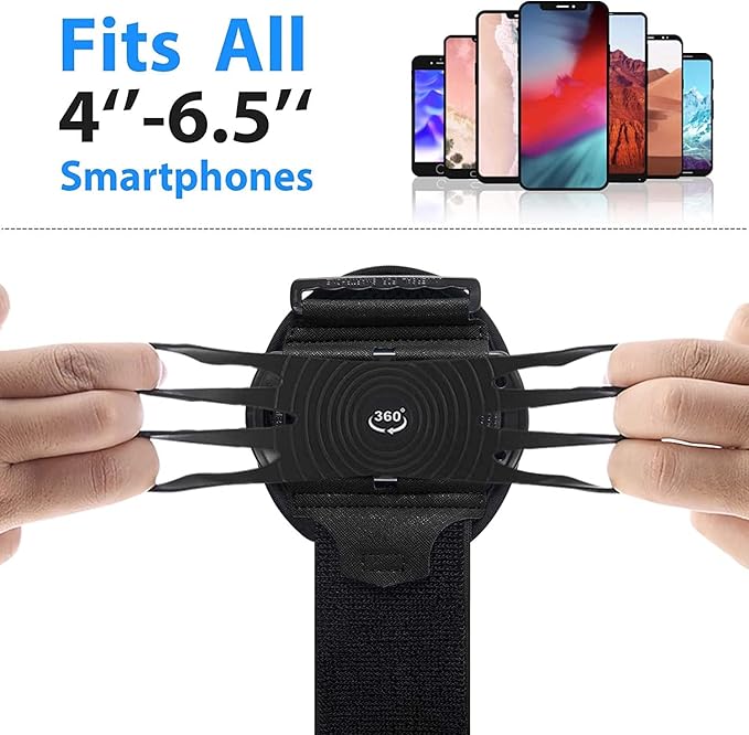 Wristband Phone Holder for Running, 360°Rotation & Detachable Sports Armband with Key Holder for iPhone 16/15/14/13/12/11/Pro/XS/XR/X/8/7/6/Plus, for Samsung Galaxy, Fits 4''-6.5''Phone