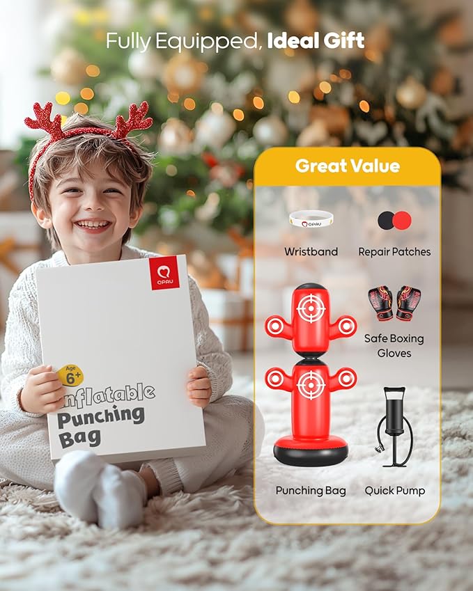 QPAU 360° Rotatable Punching Bag for Kids, Lager 64” Kids Punching Bag with Gloves, Hand Pump & 6 Targets, Bop Bag Inflatable Punching Toy, Karate Gifts for Boys, Girls