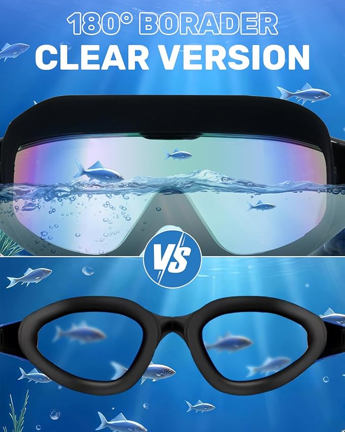 Swim Goggles for Adults, Wide View Anti-Fog & UV Swimming Goggles with Nose Clip & Ear Plugs, No Leak