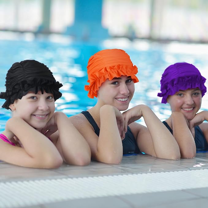 Soulchen 3 Pcs Swim Cap Women Adult with Ruffled Edges Nylon Cloth Swimming Cap for Women Bathing Hats Swim Turban Waterproof Swimming Hat
