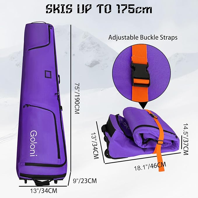 Goloni Ski Bag with Wheels,Padded Snowboard Bag for Air Travel,600D Waterproof Fabric,Foldable Snow Bag Fits 2 Pairs Skis