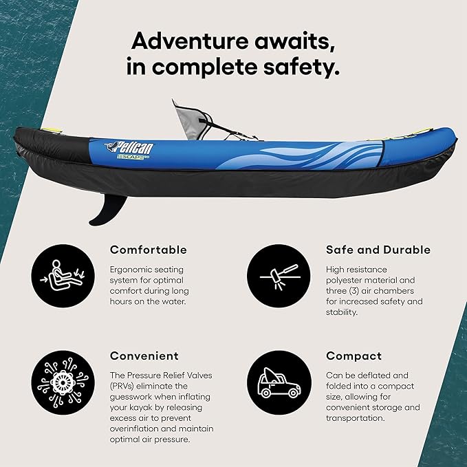 Pelican iESCAPE Inflatable Kayak - Recreational Kayak - Compact, Stable and Fun All in One - for 1 or 2 Person