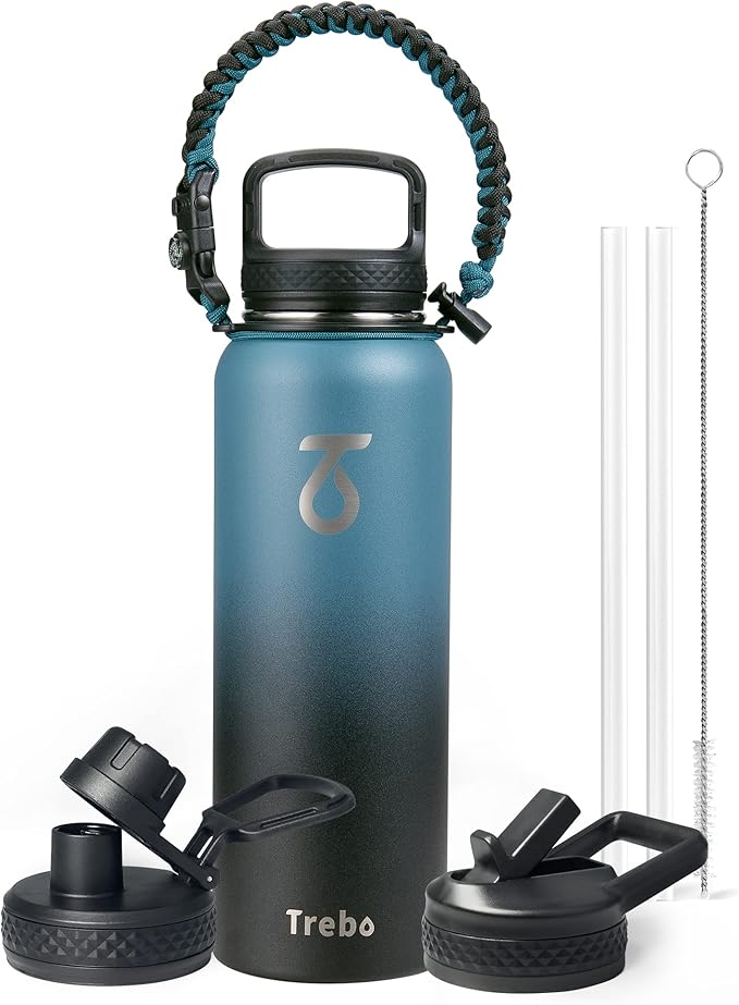 Trebo Water Bottle Insulated 40oz with Paracord Handle, Vacuum Double Wall Stainless Steel Water Jug, 48hr Cold Retention, Leakproof BPA-Free Flask With 3 Lids Fits in Car Cup Holder, Indigo/Black