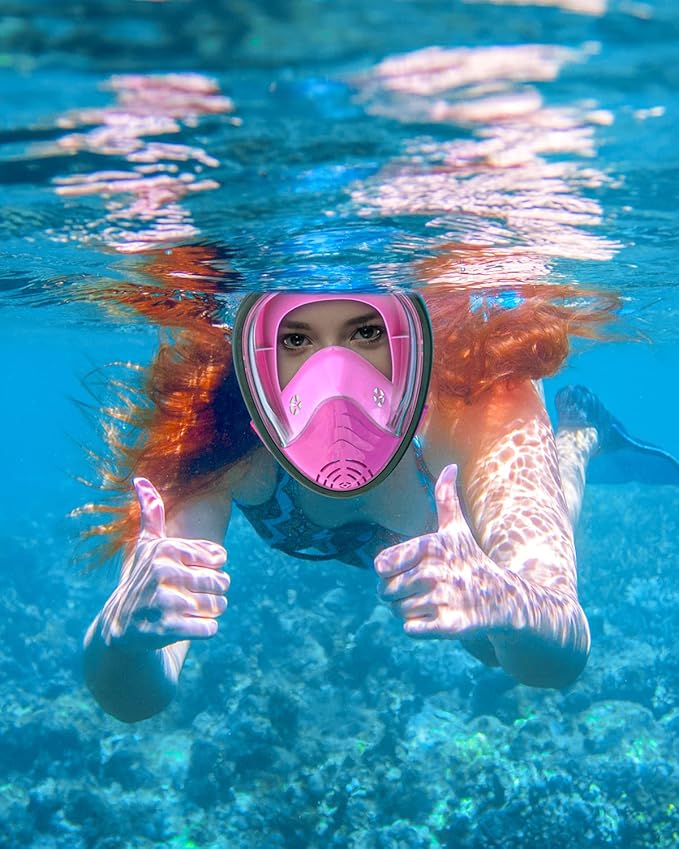 QingSong Full Face Snorkel Mask for Adults, Snorkeling Gear with Camera Mount, 180 Degree Panoramic View Snorkel Set Anti-Fog Anti-Leak