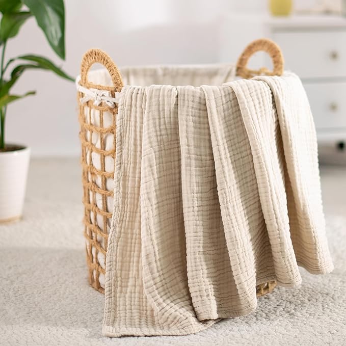 Carriediosa 100% Cotton Muslin Throw Blanket 50" X 70" Throw XL Size，4-Layers Summer Gauze Throws for Bed Couch，Soft Lightweight Breathable Linen Blankets Bedspread for Adults All Season，Khaki